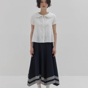 피브스피브스 Seersucker Flared Maxi Skirt (Navy)