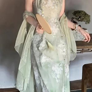 우아한 중국 스타일 청상가 드레스 세트 - 꽃무늬, 홀터 넥, 사이드 슬릿, 스플릿 헴, 무릎 길이, 봄/여름 컬렉션, 성인, 폴리에스터 소재, 전통 디자인, 소매 없는, 앞이