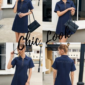 유럽 패션 트렌드 지퍼 디테일 턴 칼라 반팔 드레스