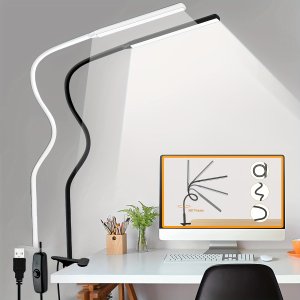 터치 컨트롤이 있는 모던 디밍 가능 LED 책상 램프, 조절 가능한 스윙 암 및 클램프, USB 전원 아이 케어링 태스크 라이트, 홈 오피스 작업 공간을 위한 광택 있는 화이트
