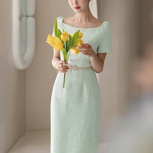 베라지오 스퀘어 넥 벨트 트위드 원피스