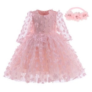 핑크 플라워 긴팔 씨스루 드레스 세트(드레스+머리띠) 교복 학생복