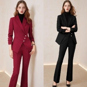 모던 포멀 엘레강스 비대칭 더블 버튼 디테일세미 부츠컷 슬랙스 의상세트(자켓+바지) 교복 학생복