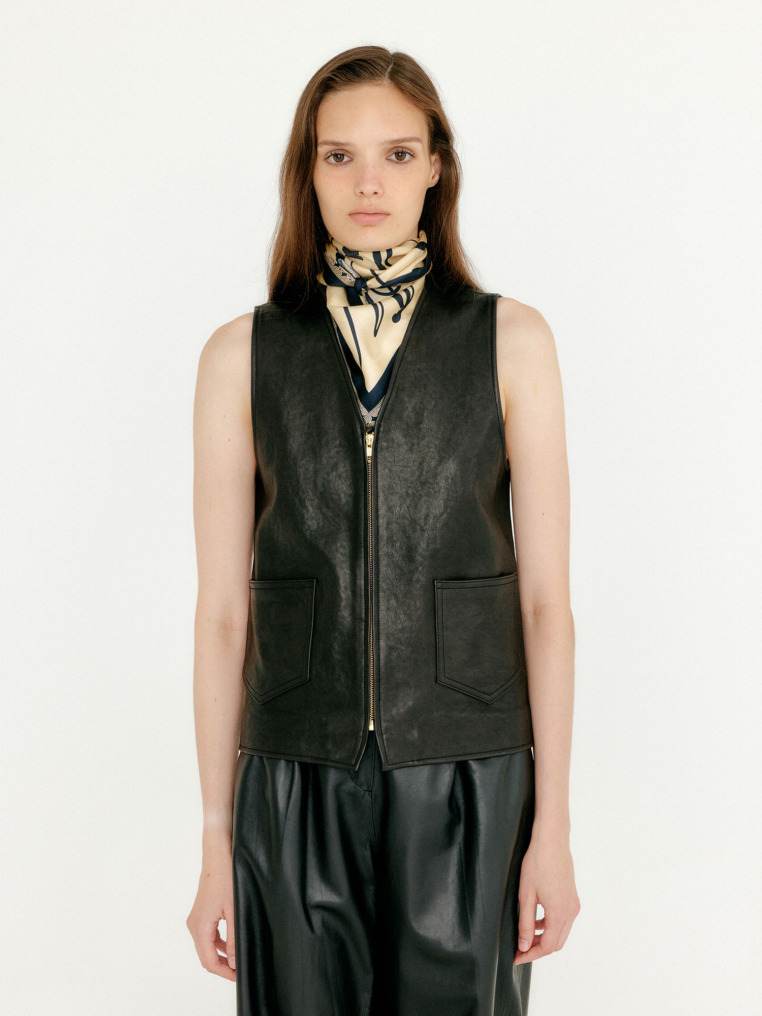 VINDRA Zip-up Leather Vest - Black