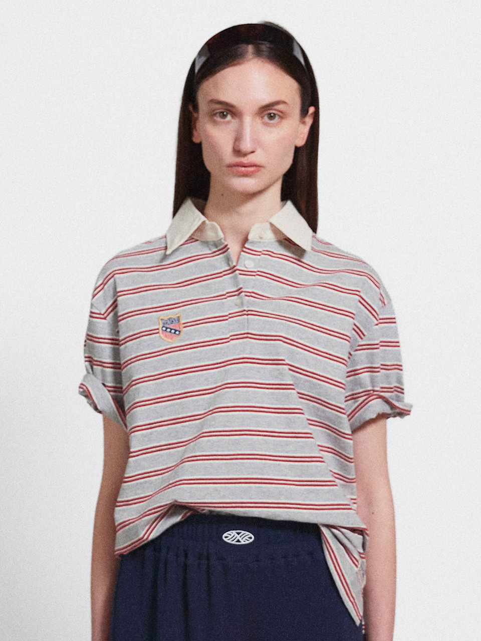 미나수 Multi Stripe Collar T Shirt