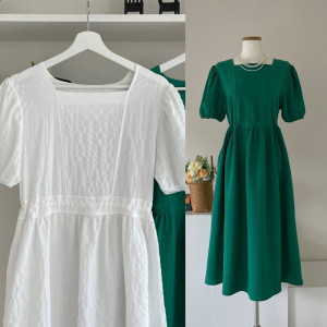 여름 그린 흰색 원피스 루즈핏 퍼프 스퀘어넥 롱 원피스 휴가철