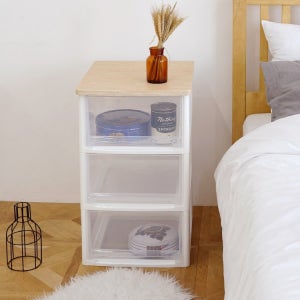 어반 우드상판 베이직 3단 플라스틱 서랍장 (화이트/투명/다크투명)