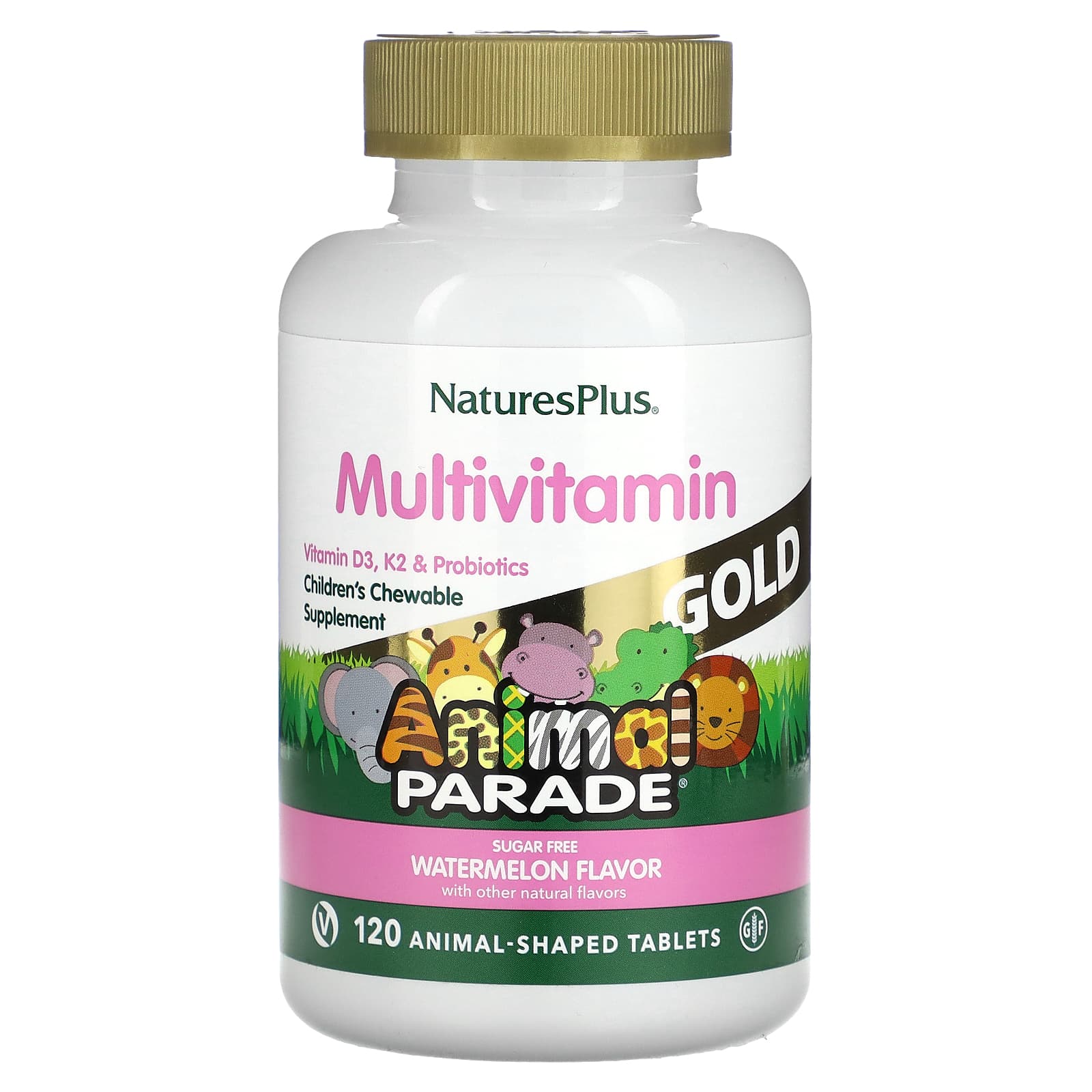 NaturesPlus Source of Life Animal Parade 골드 어린이용 츄어블 종합<b>비타민</b> &amp; <b>미네랄</b> 보충제 천연 <b>수박맛</b> 동물 모양 정제 120정  NaturesPl