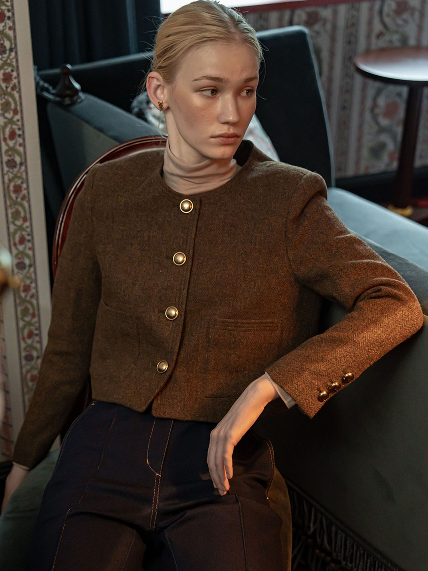 [드팜므] GABRIEL WOOL HERRINGBONE CROP JACKET