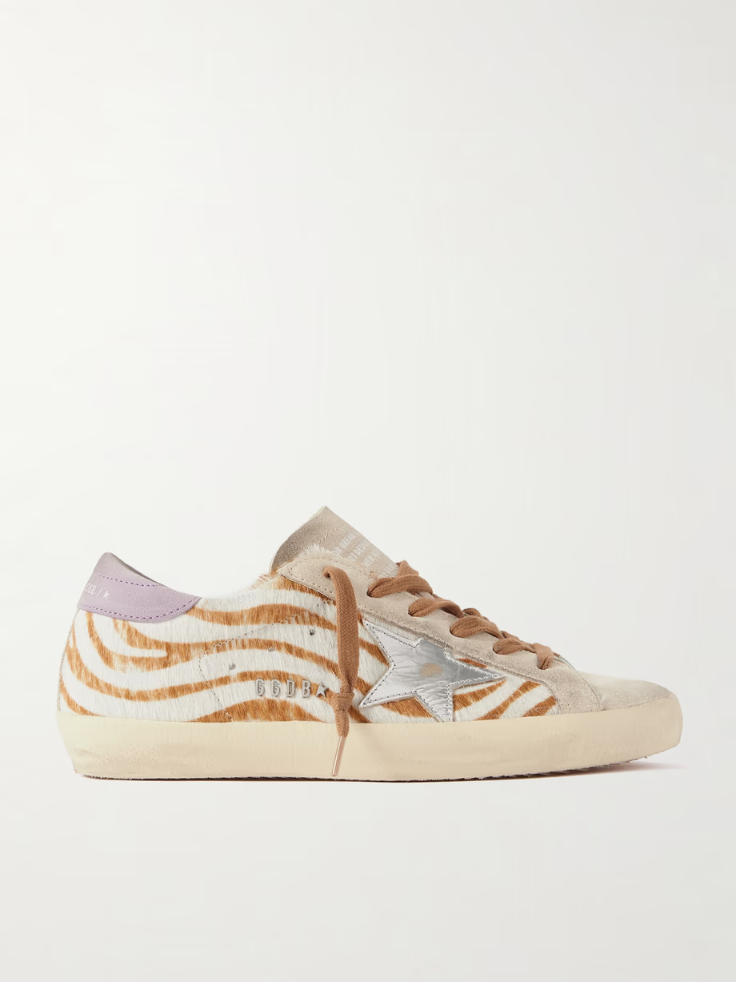 골든구스 스니커즈 GOLDEN GOOSE Super-Star distressed metallic leather and suede-trimmed zebra-print calf hai