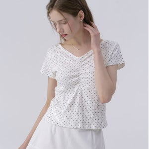 [이엘] 앨리스 브이 셔링 도트 티셔츠_ELTS5531WH