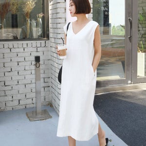 [여름원단/백트임] 린넨양브이넥슬릿원피스(95차 재입고)