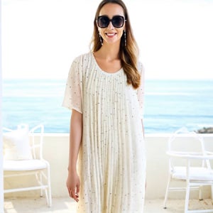 소피아 옐로우 쉬폰 루즈핏 롱 원피스[프린세스걸 반팔 라운드 박시 박스 플리츠 주름 땡땡이 패턴 도트 나염 가벼운 시원한 우아한 모임룩 하객룩 긴 여름 고급 데일리룩 여행룩 나들이