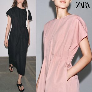 자라 여성 미디 원피스 턱 ZW컬렉션 린넨 혼방 반소매 블랙 핑크