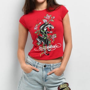 Ed Hardy 팬서 라인스톤 체리 크롭 티셔츠