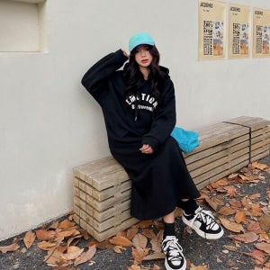 베프몰 여성 겨울 기모 후드 롱원피스 여유핏 기모롱원피스