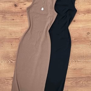 슬릿 디자인 투피스 롱 드레스, 캐주얼 튜브 리브드 두꺼운 고탄력 셰이핑 효과 럭셔리 패션 트렌드