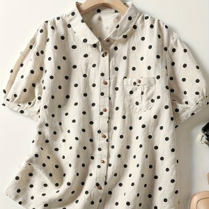브라우스 Polka Dot Short-Sleeved Shirt Beige Black Dots