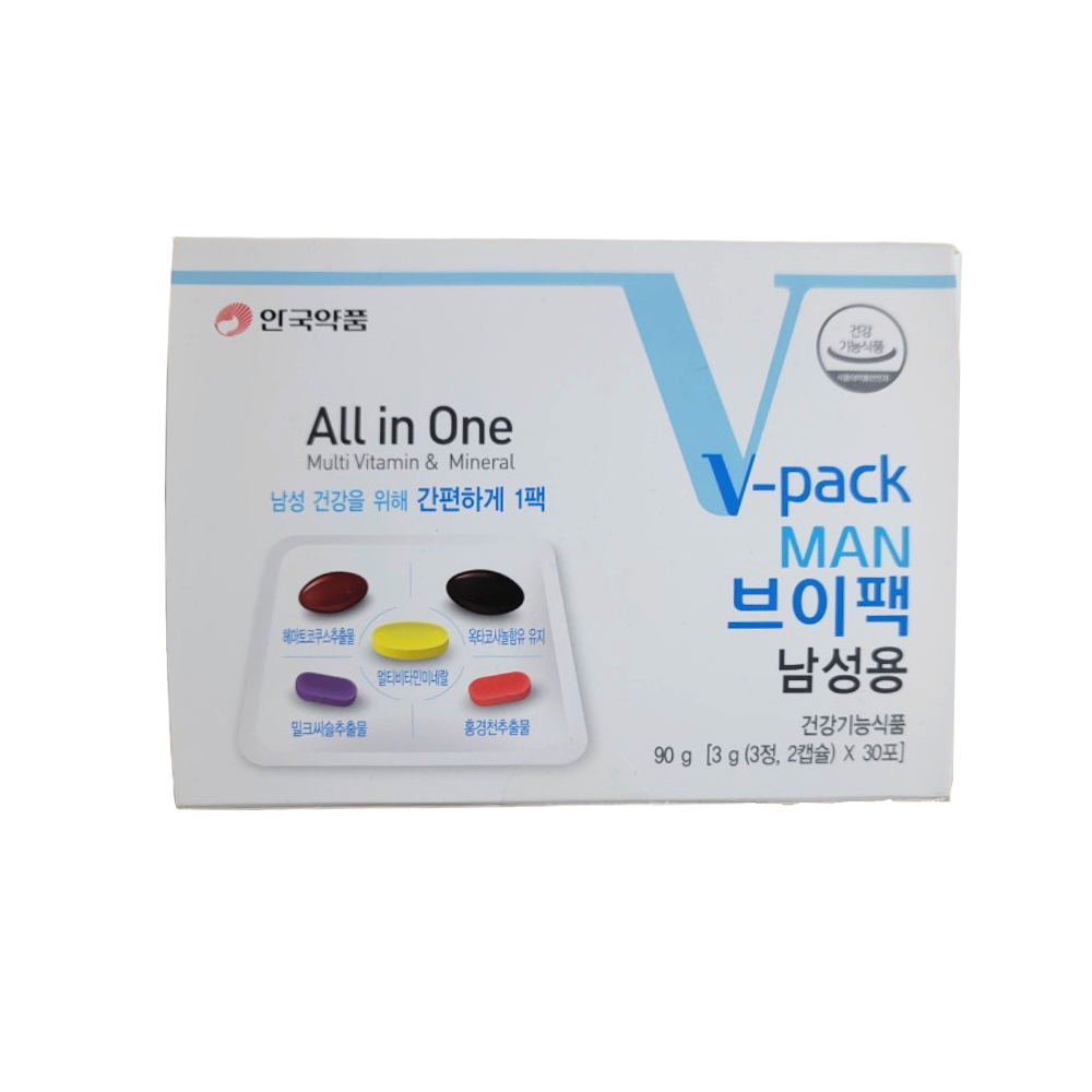 <b>안국약품</b> 브이팩 남성용 종합 멀티비타민 칼슘 밀크씨슬 홍경천 헤마토코쿠스 추출물 비타민C <b>옥타코사놀</b> 비타민D A B1 B6 B2 아연