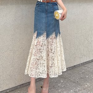 패치워크 디자인의 여름 스타일리시 웨이스트 시스루 데님 스커트, 벨트 없는 프렌치 하프 길이 드레스