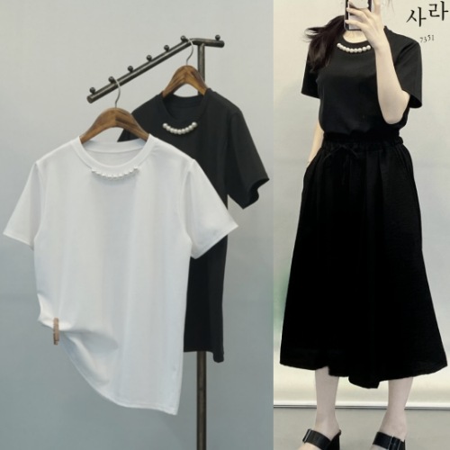 사라7351 진주장식 러블리 티셔츠 면 스판 무지 반팔 티 블라우스 화이트