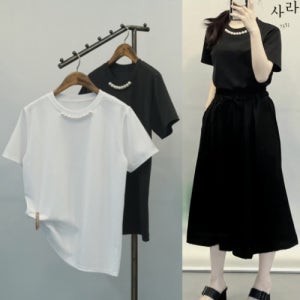 사라7351 진주장식 러블리 티셔츠 면 스판 무지 반팔 티 블라우스 화이트
