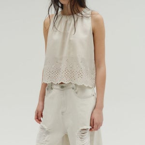 [솔티페블] PUNCHING DETAIL GLOSSY COATED BLOUSE [BEIGE]