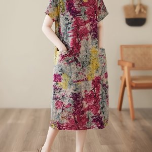 우아한 디렉션 패션 편안한 여름 리넨 레트로 프린트 반팔 라운드넥 드레스