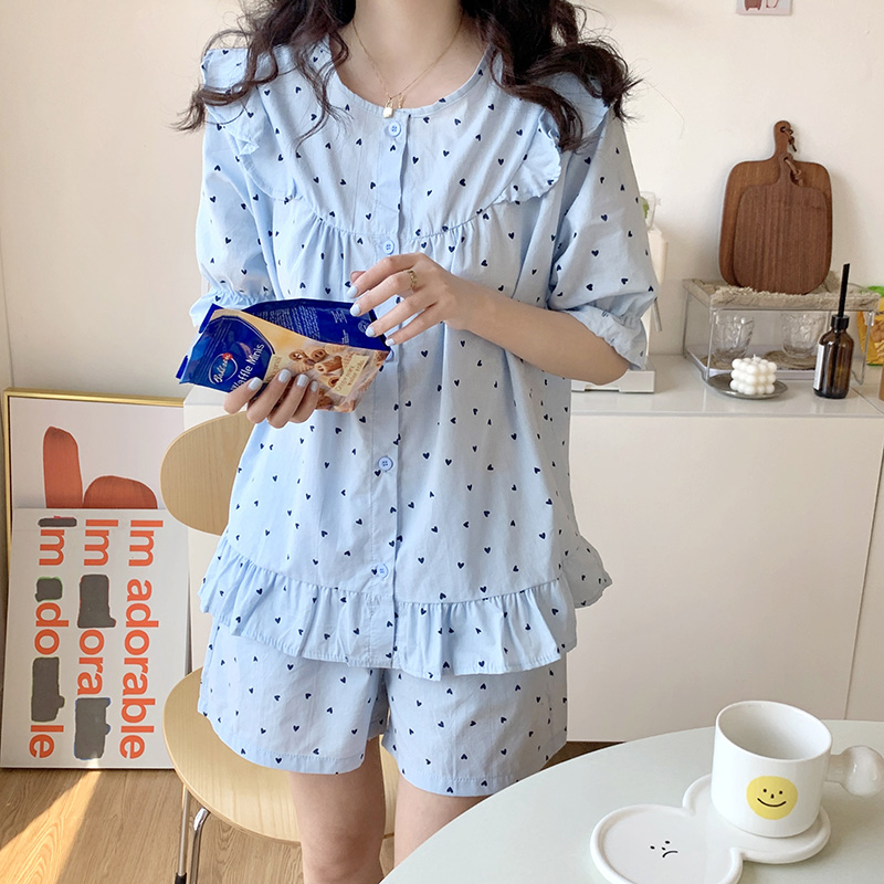 미니멀하트 노카라 반팔 여름면 상하잠옷세트 one size 스카이블루