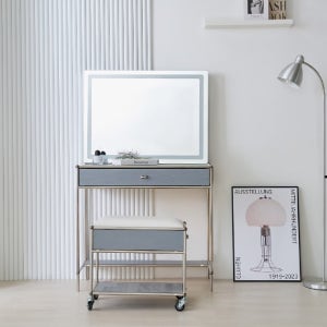 헤이몰리 레브리 원목 모듈 LED 거울 화장대 스툴 세트