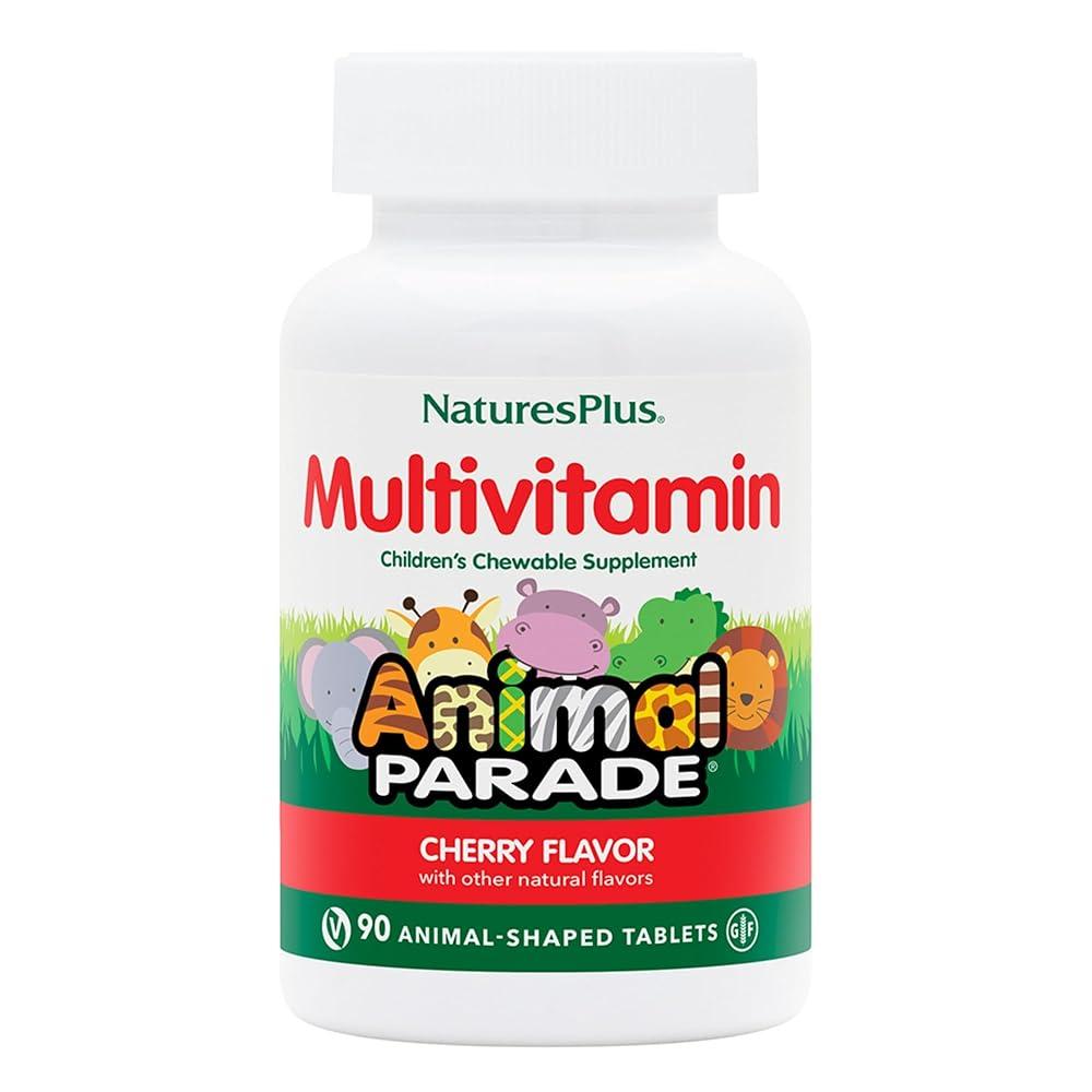 <b>Natures Plus</b> Animal Parade 멀티비타민 아동용 츄어블 - 수박 맛 - 동물 모양 태블릿 90개 - 건강과 웰빙 촉진 - 채식주의자 글루텐 프리 - 45회  Ch