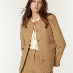 [바쉬] [SET UP] 베이지 골드 버튼 울혼방 트위드 미디 자켓 SLJA4D002I2