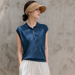 반오픈 단추 카라 나시[나시,여름나시,카라나시,캐주얼룩,나들이룩,20대,30대,40대,50대,60대,여성나시,여성여름나시,여름카라나시,니트,여름니트,카라니트,여름카라니트,여성여름니