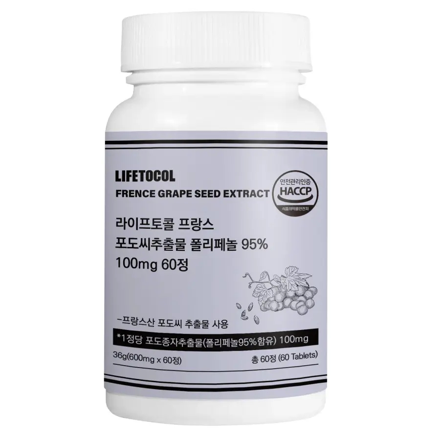 <b>라이프</b>토콜 프랑스 포도씨추출물 폴리페놀 95% 100mg 60정 노화방지 영양제 <b>항염증</b>