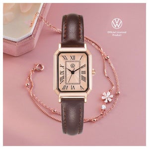 폭스바겐 스퀘어 클래식 레더 워치 로즈골드+벚꽃 팔찌 세트 각인무료