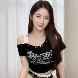 리벳 오프숄더, 드로스트링 디자인, 패치워크 크롭탑, 트렌디한 프린트, 여름용 반팔 티셔츠, 비대칭 스트랩리스 오프숄더, 대비 컬러 탑, 5가지 하의 매치 가능한 프린트 반팔
