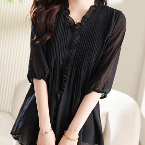 봄과 여름용 루즈 플리츠 시스루 블랙 쉬폰 탑, 다섯 손가락 소매 더블 레이어 셔원 블라우스