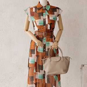 [세련미/쉬폰]미렌도 슬리브리스 패턴 벨트 원피스