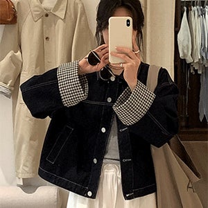 코젤 체크 롤업 카라 데님 자켓