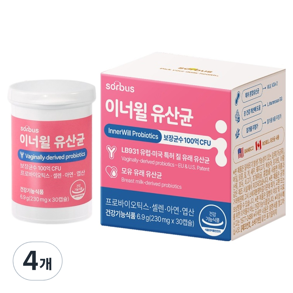 <b>소버스</b> 100억 CFU 이너윌 질유래 <b>유산균</b> 30캡슐  6.9g  4개