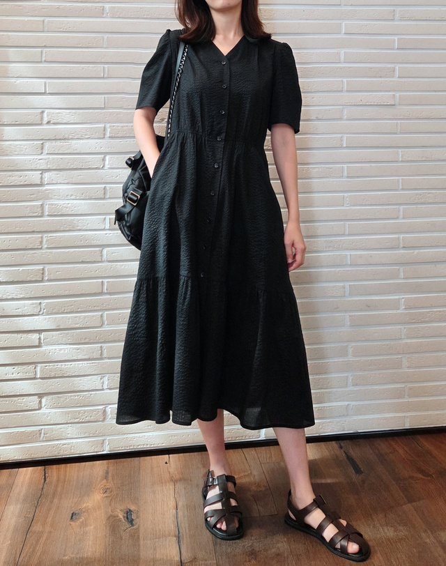 헤지스 NEW 칼라 CAPSULE 여름 서커 원피스 HSDR5BS01BK