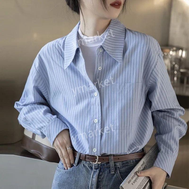 여성 스트라이프 셔츠 간절기용 루즈핏 긴팔 데일리 남방 파란색 줄무늬 셔츠 M