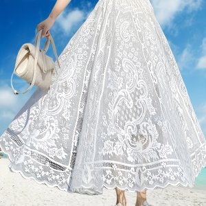 1pc 우아한 하이웨이스트 레이스 스커트 - 긴 A라인, 세밀한 꽃 무늬, 폴리에스터, 벨트 없음, 모든 계절 착용, 중국 스타일 의상에 완벽, 해변 의상|플레어 헴