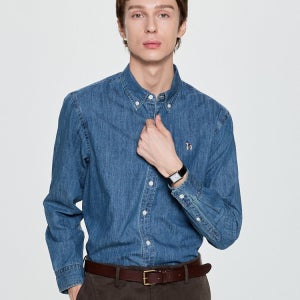 [헤지스 남성] [아이코닉] 블루 워싱 면 긴팔캐주얼셔츠 HZSH5D336B2