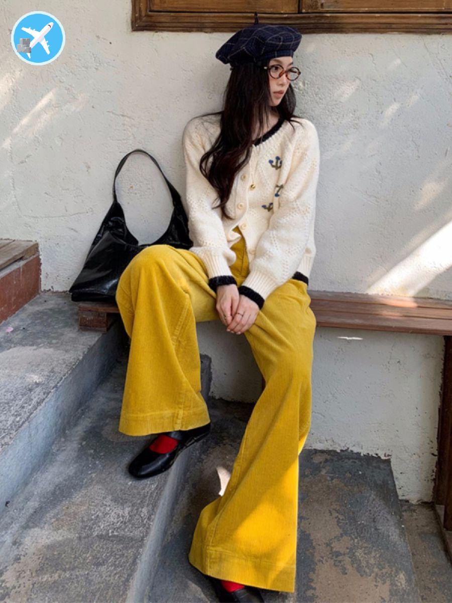 머스타드 바지 여성 여성 골덴 와이드 가을 노란 코듀로이 팬츠