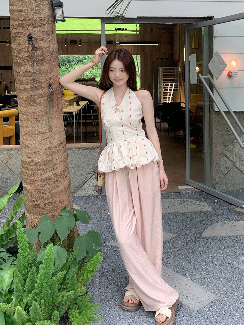 해피유통 여성 여름 홀터넥 플레어 탑 프릴 장식 플로럴 프린트 캐주얼 데일리룩 CLY  모든 야드  핑크색 상의