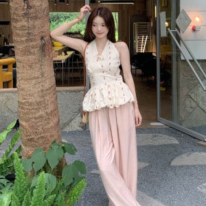 해피유통 여성 여름 홀터넥 플레어 탑 프릴 장식 플로럴 프린트 캐주얼 데일리룩 CLY 모든 야드 핑크색 상의