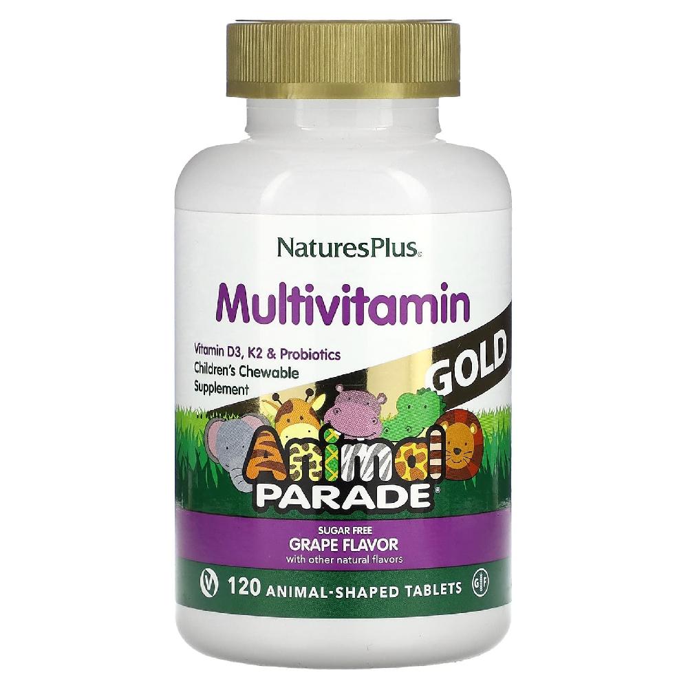 <b>NaturesPlus</b> 애니멀 퍼레이드 골드 어린이용 츄어블 서플리먼트 체리맛 120정 - <b>성장기</b> 종합 영양 지원 1개 (원산지 미국)  포도  3개