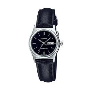 카시오 LTP-V006L-1B2 여성 라운드 아날로그 가죽 손목 시계