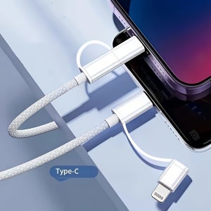 2-in-1 브레이드 빠른 충전 케이블, Type-C to Lightning, 데이터 전송, for iPhone/Android용 내구성 있는 흰색 브레이드 데이터 케이블,